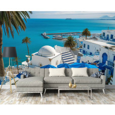 Eine Fototapete mit idyllischem Blick auf den Hafen in Tunesien, geeignet für ein Wohnzimmer.