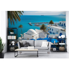 Eine Fototapete mit Blick auf den Hafen in Tunesien, bedruckt auf Vliesbehang, passend für ein Wohnzimmer.
