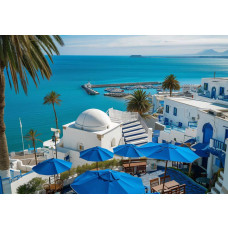 Eine Fototapete mit Blick auf den Hafen in Tunesien, mit mediterraner Atmosphäre und blauem Wasser.