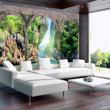 Eine Fototapete von einer Terrasse mit felsigen Blick und See in 3D.