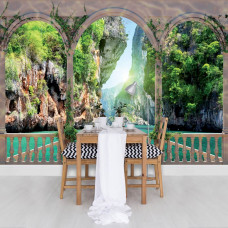 Eine Fototapete von felsigen Blick mit See Landschaft in 3D-Stil.