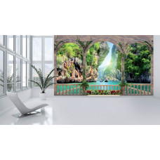 Eine Fototapete von felsigen Blick von einer Terrasse mit 3D-Effekt, perfekt für Wohnzimmer.