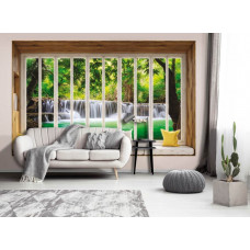 Fototapete Blick auf einen Wasserfall durch ein Fenster in 3D-Perspektive mit Dschungel im Wohnzimmer.
