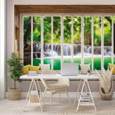 Fototapete Blick auf einen Wasserfall durch ein Fenster in 3D-Perspektive mit Dschungel im Büro.