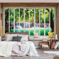 Fototapete Blick auf einen Wasserfall durch ein Fenster in 3D-Perspektive mit Dschungel im Schlafzimmer.