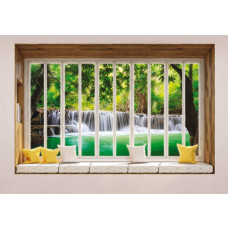 Blick auf einen Dschungel Wasserfall durch ein Fenster mit 3D-Perspektive auf Fototapete.