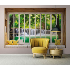 Fototapete Blick auf einen Wasserfall durch ein Fenster in 3D-Perspektive mit Dschungel im Wohnzimmer.
