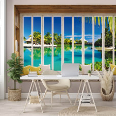 Fototapete Blick auf Hawaii durch das Fenster in 3D-Perspektive im Büro.