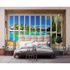 Fototapete Blick auf Hawaii durch das Fenster in 3D-Perspektive mit Vliestapete im Schlafzimmer.