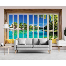 Fototapete Blick auf Hawaii durch das Fenster in 3D-Perspektive im Wohnzimmer.