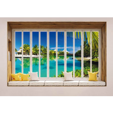 Blick auf Hawaii durch ein Fenster in 3D-Perspektive auf einer tropischen Fototapete.