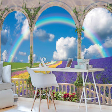 Eine Fototapete mit Blick auf ein Blumenfeld von einer Terrasse mit 3D-Effekt für das Büro.