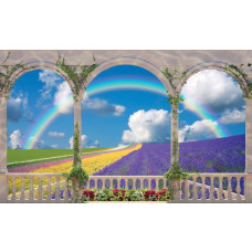 Fototapete mit Blick auf ein Blumenfeld von einer Terrasse, 3D-Effekt für zusätzliche Dimension.