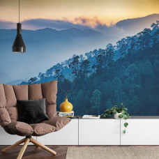 Eine Fototapete mit einem beeindruckenden Blick auf eine Bergkette, umgeben von einem üppigen Wald, perfekt für ein Wohnzimmer.