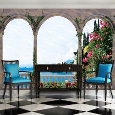 Eine Fototapete mit Seeblick von einer Terrasse in 3D.