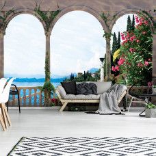 Eine Fototapete mit Seeblick von einer Terrasse in 3D.