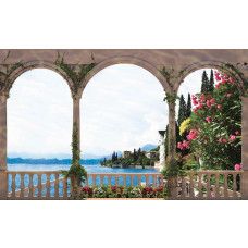 Fototapete mit Seeblick von einer Terrasse, 3D-Effekt für Tiefenwirkung.