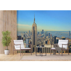 Eine Fototapete mit der Ansicht von Manhattan, New York in einem Wohnzimmer mit Airtex-Tapete.