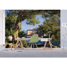 Ein Fototapet von der Aussicht auf das Pamir-Gebirge und einen See in 3D in einem Büro.