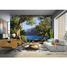 Ein Fototapet von der Aussicht auf das Pamir-Gebirge und einen See in 3D in einem Wohnzimmer.