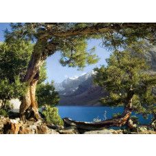 Ein Fototapet von der Aussicht auf das Pamir-Gebirge und einen See in 3D.