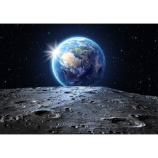 Fototapete mit einer beeindruckenden Ansicht des Planeten Erde vom Mond aus. Der tiefe Weltraum, die Mondoberfläche und die leuchtend blaue Erde erzeugen einen atemberaubenden 3D-Effekt.