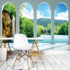 Eine Fototapete mit einem Wasserfall mit Säulen in einer 3D-Komposition, geeignet für ein Büro.