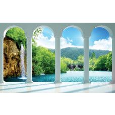 Eine Fototapete mit Blick auf einen Wasserfall mit 3D-Säulen, für eine atemberaubende Landschaft.