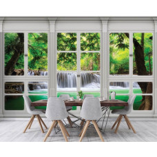 Fototapete mit Blick auf einen Wasserfall durch ein Fenster in 3D-Perspektive in der Küche.