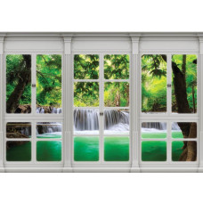 Blick auf einen Wasserfall durch ein Fenster mit 3D-Perspektive auf Fototapete.