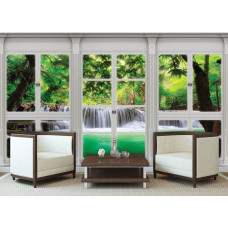 Fototapete mit Blick auf einen Wasserfall durch ein Fenster in 3D im Schlafzimmer und Wohnzimmer.