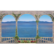 Balkon Meerblick, Fototapete mit griechischen Säulen und einem schönen Meerblick für eine luxuriöse Atmosphäre.