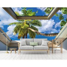 Eine Fototapete mit Blick auf Palmen durch ein Oberlicht mit 3D-Effekten, perfekt für das Wohnzimmer.
