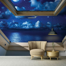 Eine 3D-Fototapete mit Blick auf den Sternenhimmel für das Schlafzimmer.