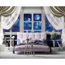 Eine Fototapete mit einem nächtlichen Sonnenaufgang durch ein Fenster, perfekt für das Schlafzimmer.