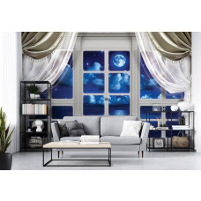 Eine Fototapete mit Mondlicht und Meerblick durch ein Fenster, geeignet für das Wohnzimmer.