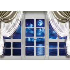 Meer- und Mondansichten durch ein Fenster mit 3D-Effekt auf einer Nacht-Fototapete.