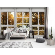 Fototapete mit Blick auf einen Wald und Wasserfall durch ein Fenster, geeignet für das Wohnzimmer.