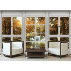 Fototapete mit Blick auf einen Wasserfall durch ein Fenster im 3D-Effekt, perfekt für das Wohnzimmer.