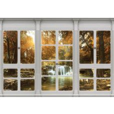 Blick auf einen Wasserfall durch ein Fenster mit 3D-Effekt in einer Waldlandschaft auf Fototapete.