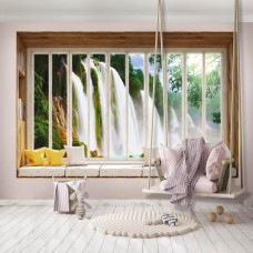 Fototapete Blick aus dem Fenster auf einen großen Wasserfall in 3D im Kinderzimmer.