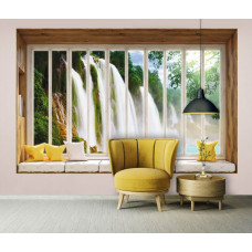 Fototapete Blick aus dem Fenster auf einen großen Wasserfall in 3D im Schlafzimmer.
