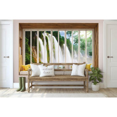 Fototapete Blick aus dem Fenster auf einen großen Wasserfall in 3D im Wohnzimmer.