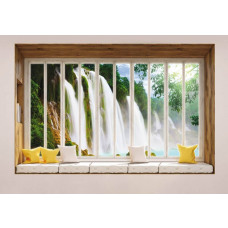 Blick auf einen großen Wasserfall durch ein Fenster auf 3D-Fototapete.