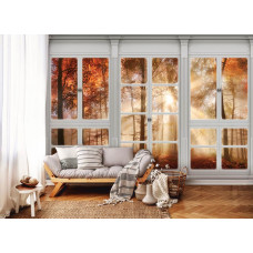 Fototapete mit Blick auf Herbstwald mit Sonnenstrahlen durch ein Fenster, ideal für das Wohnzimmer.