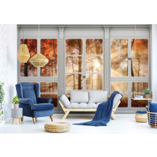 Fototapete mit Herbstwald und Sonnenstrahlen durch ein Fenster, geeignet für das Wohnzimmer.