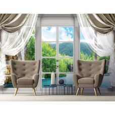 Eine Fototapete mit einem Blick auf einen Wasserfall durch ein Fenster in 3D-Effekt, perfekt für das Wohnzimmer.