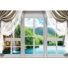 Blick auf einen Wasserfall in einer Berglandschaft mit 3D-Effekt auf Fototapete.