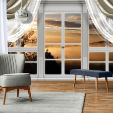 Eine Fototapete mit einer ruhigen Waldlandschaft bei Sonnenuntergang, ideal für ein Esszimmer.