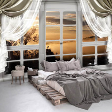 Eine Fototapete mit einer Waldansicht durch ein Fenster, perfekt für das Schlafzimmer.